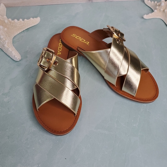 New! Gold Double Strap Buckle Sandals - Picture 3 of 7
